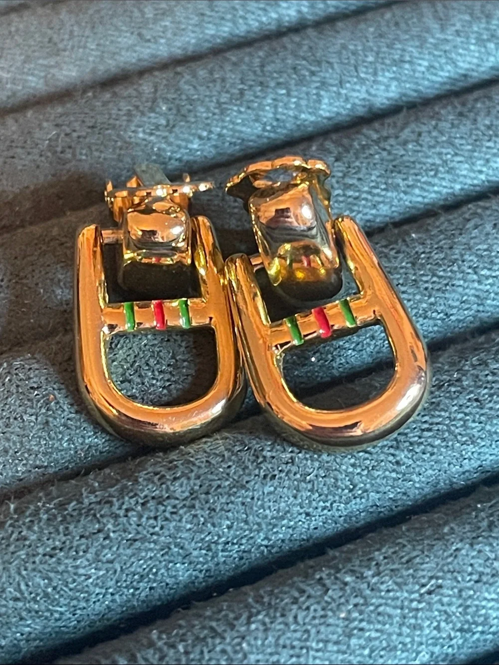 Vintage Paolo Gucci Stirrup Enamel Striped Door-Knocker Style Clip On Earrings